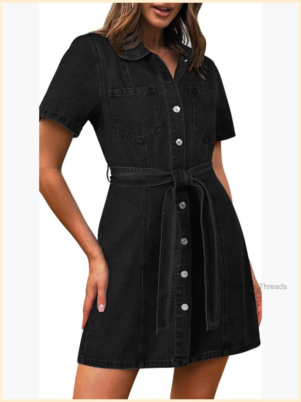 Denim Dress Short Sleeve Button Down Babydoll with Pockets - Picture 6 of 6